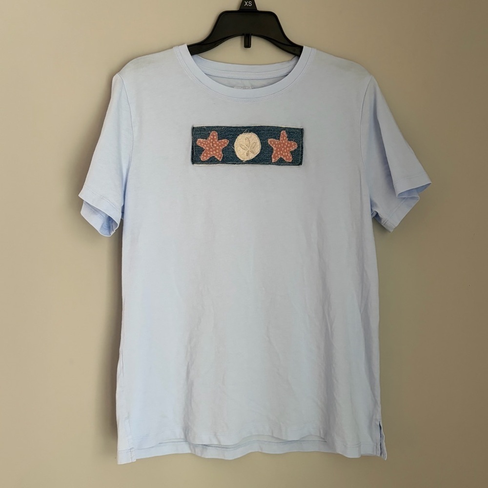 Handmade Sand Dollar Starfish Patchwork Denim Patch Womens Blue Shirt Size Small - Picture 2 of 7